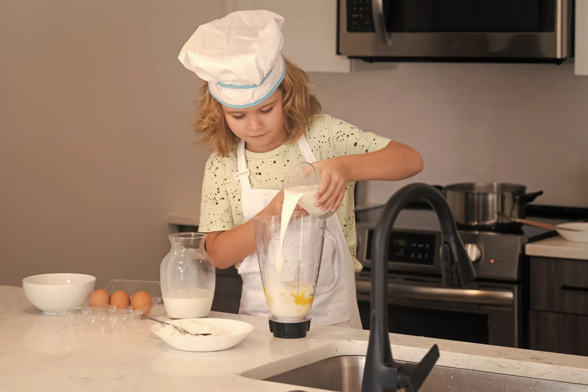 63306633 fun kids kitchen funny little kid chef cook wearing
